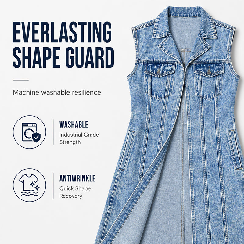 Women's sleeveless longline denim vest jacket with collar, chest pockets and split hem