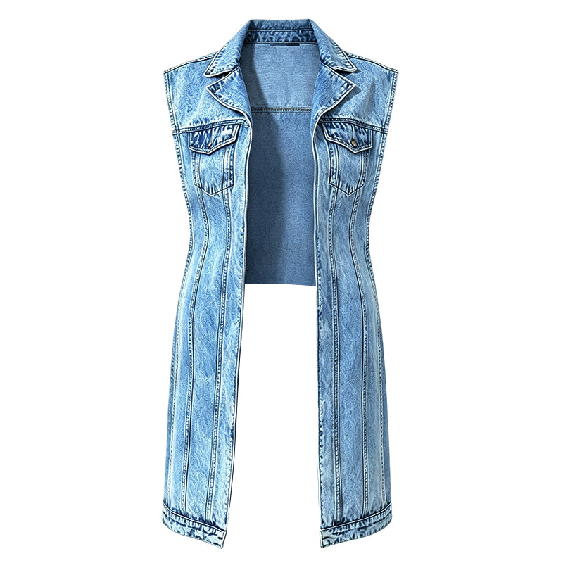 Women's sleeveless longline denim vest jacket with collar, chest pockets and split hem