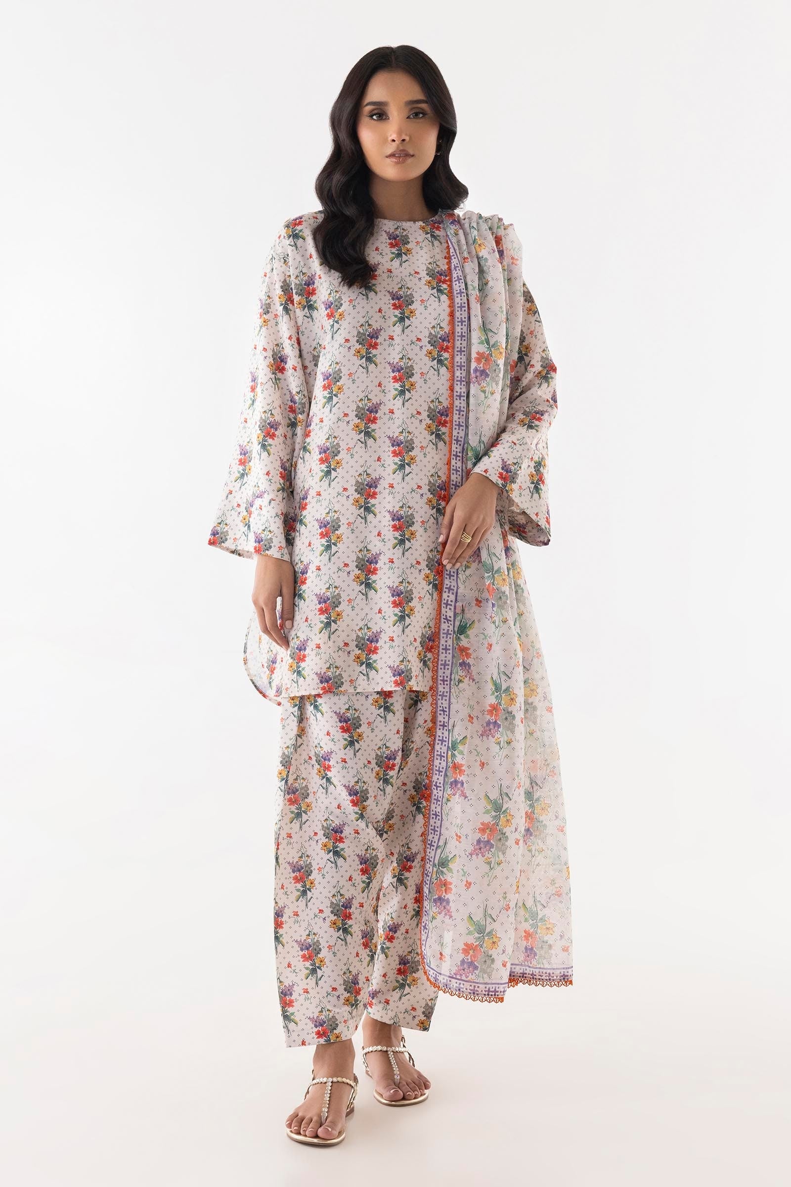 Women's beige floral shalwar kameez set with dupatta