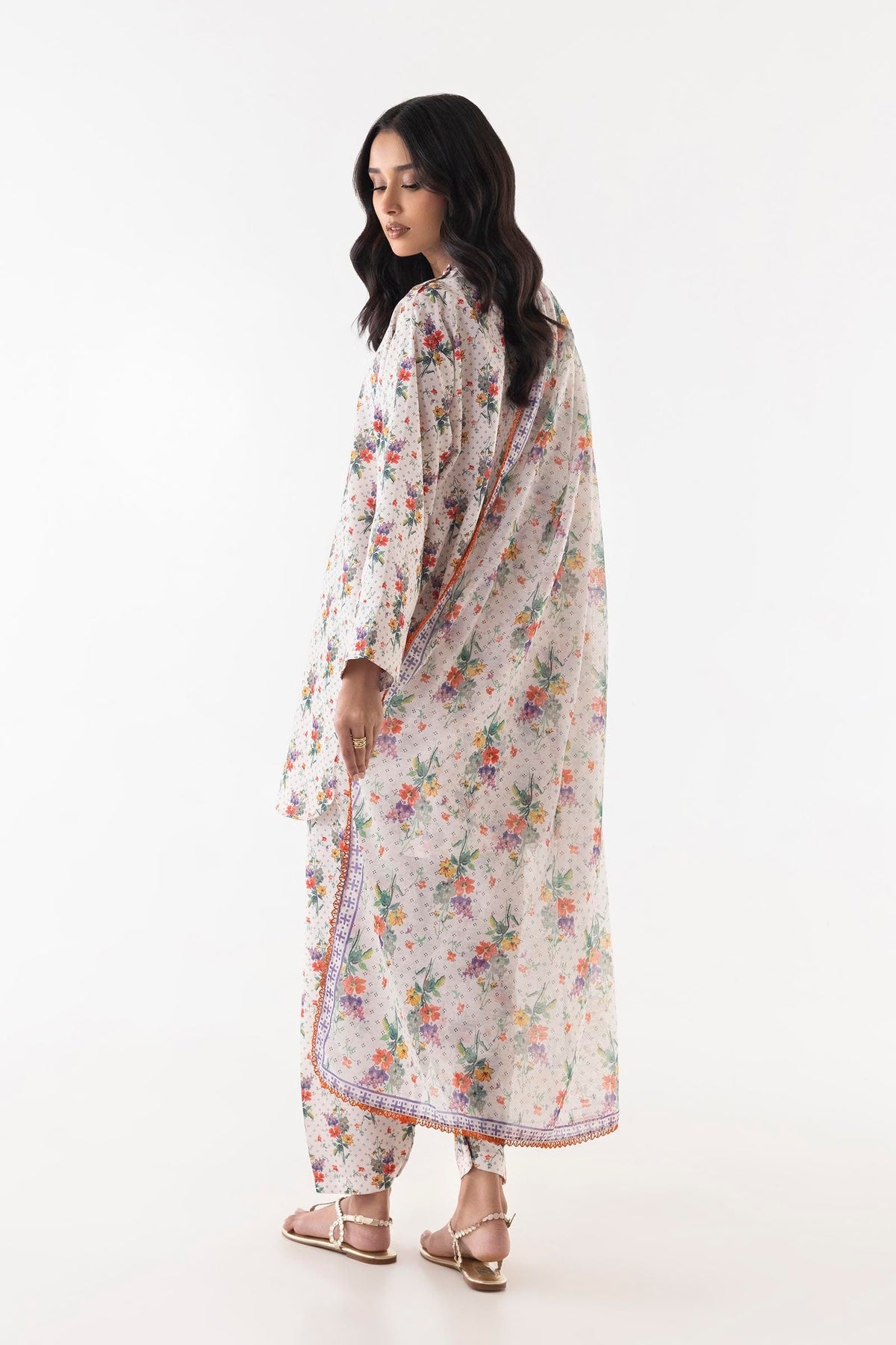 Women's beige floral shalwar kameez set with dupatta