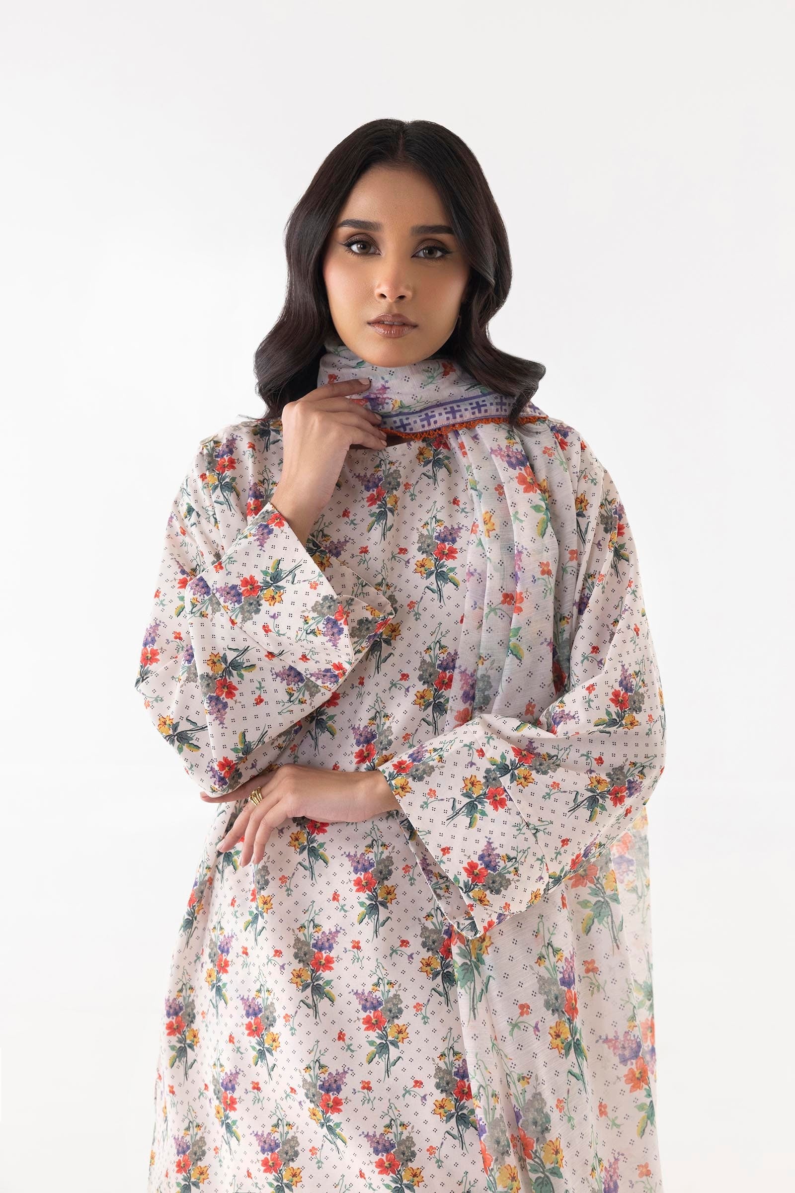 Women's beige floral shalwar kameez set with dupatta