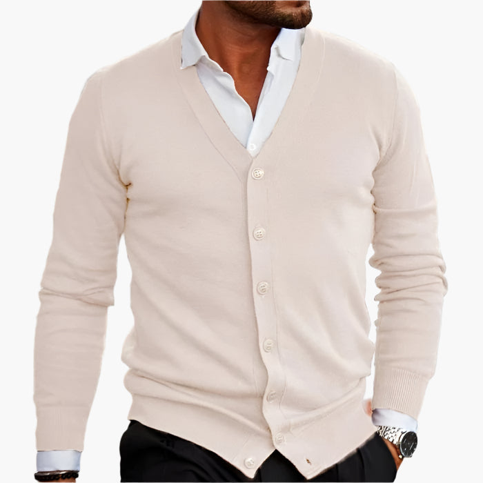Men's long-sleeve V-neck button cardigan layered over a white shirt