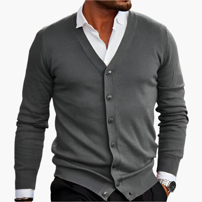 Men's long-sleeve V-neck button cardigan layered over a white shirt