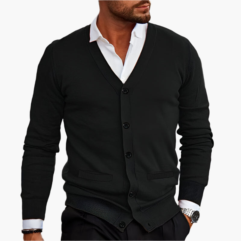 Men's long-sleeve V-neck button cardigan layered over a white shirt