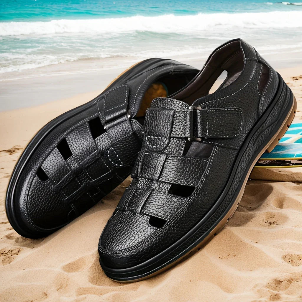Men's Leather Sandal Closed Toe Adjustable Strap - Black