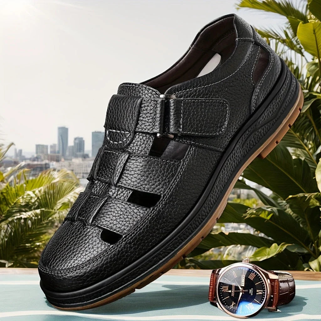 Men's Leather Sandal Closed Toe Adjustable Strap - Black