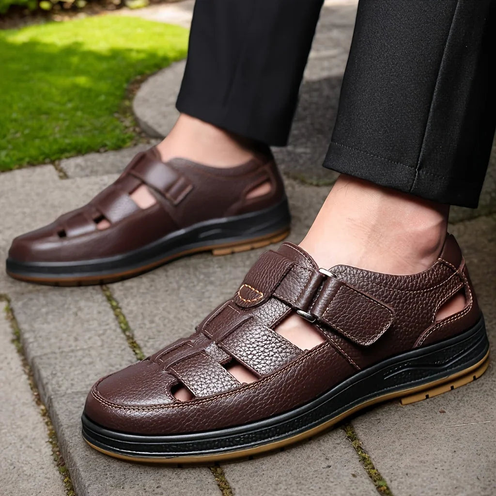 Men's Leather Sandal Closed Toe Adjustable Strap - Brown