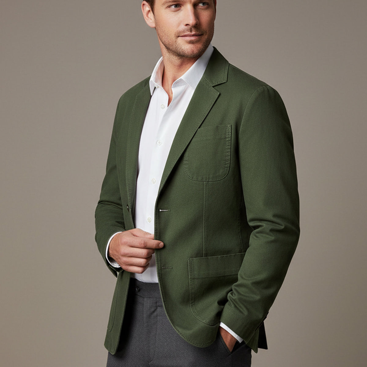 Men's plain blazer style jacket with notched lapels, long sleeves and patch pockets