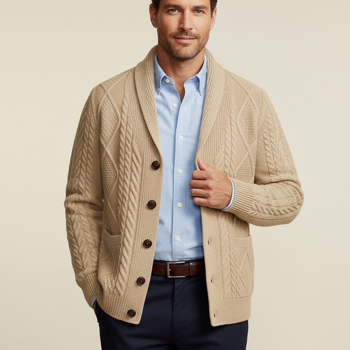 Men's textured cable knit cardigan with shawl collar, buttons and front pockets