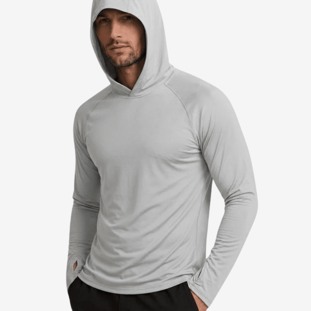 Men's long-sleeve hooded pullover shown in orange and light grey