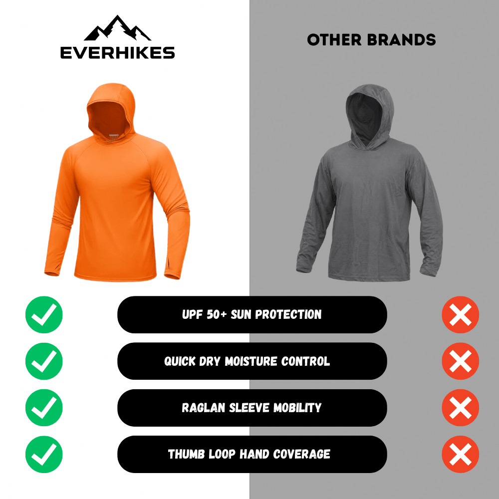 Men's long-sleeve hooded pullover shown in orange and light grey