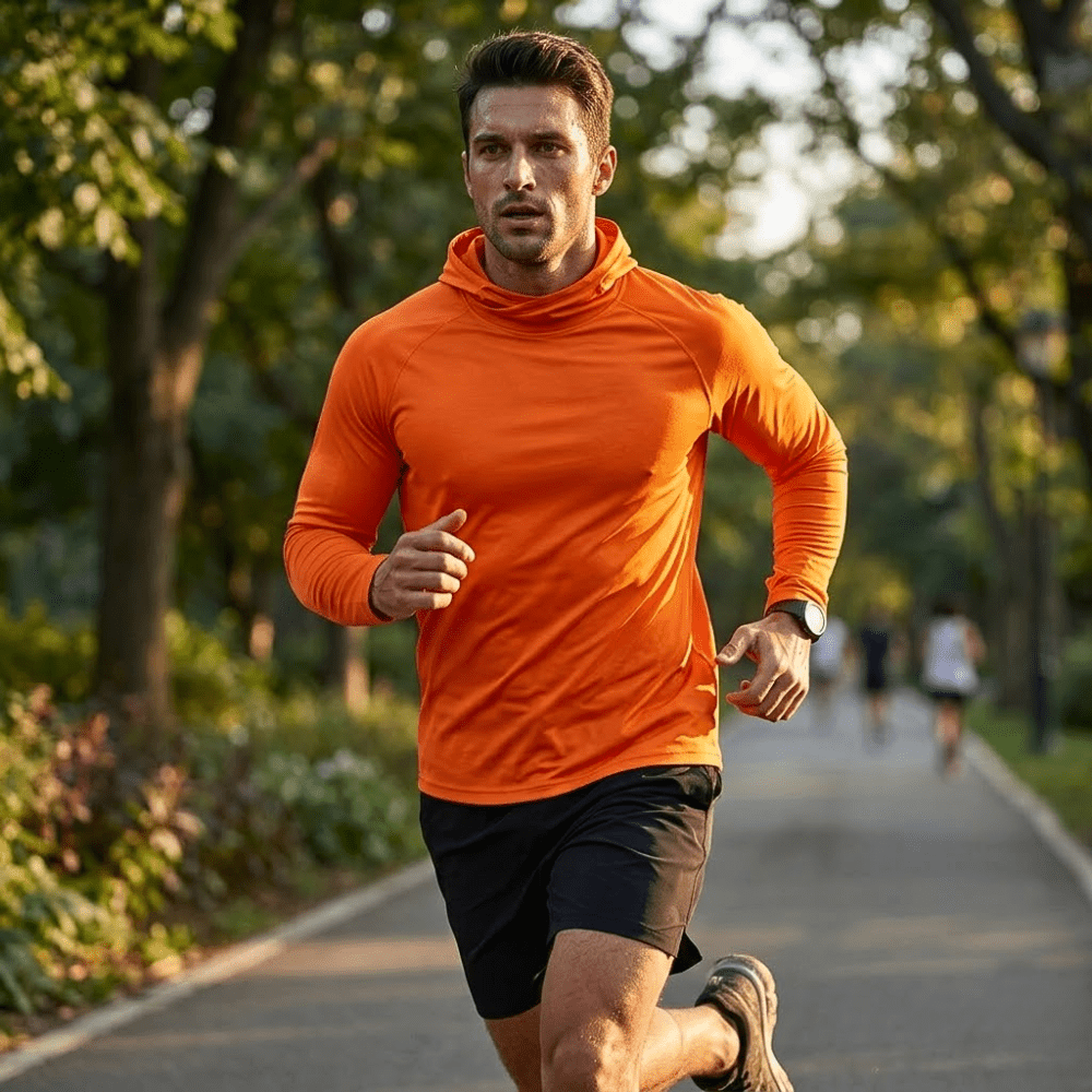 Men's long-sleeve hooded pullover shown in orange and light grey