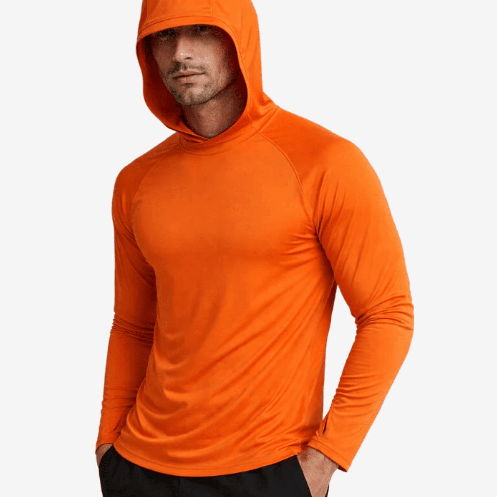 Men's long-sleeve hooded pullover shown in orange and light grey