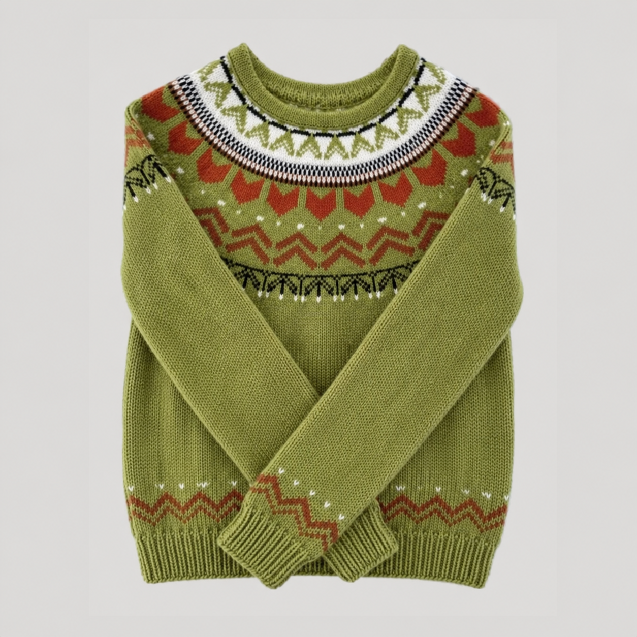 Men's green knitted jumper with Nordic geometric pattern, crew neck and long sleeves
