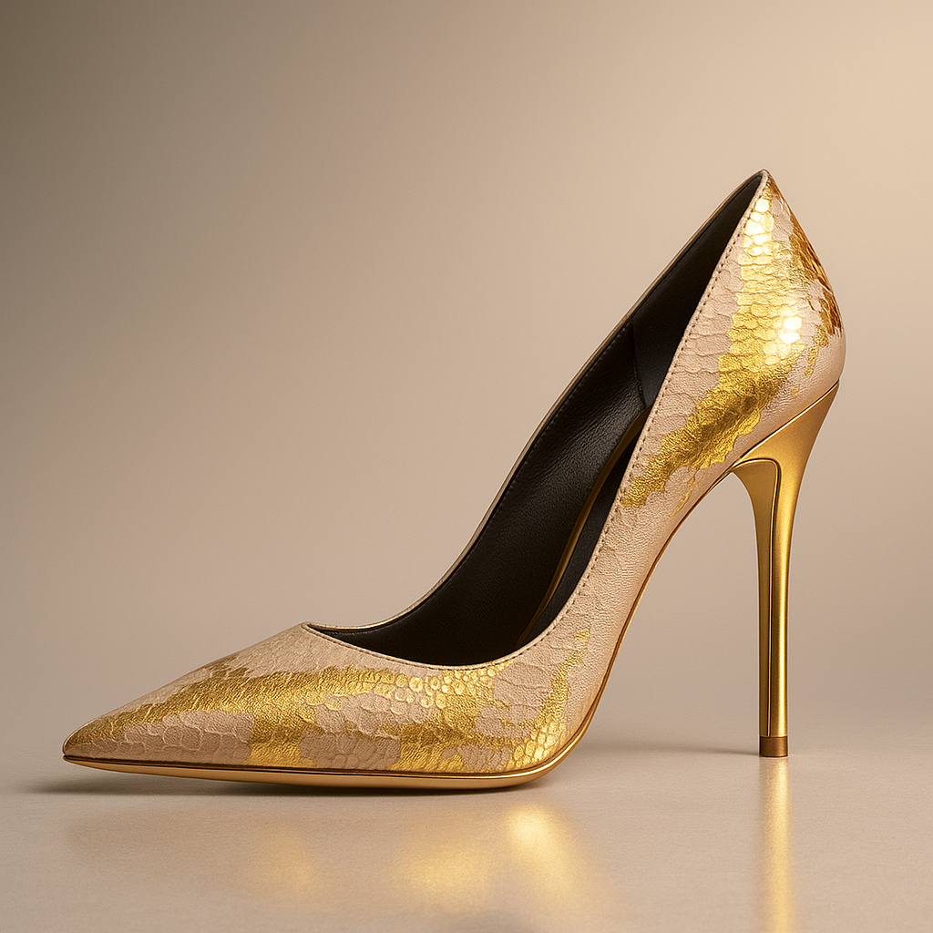 Women’s Textured Python-Effect Court Heels | Pointed Toe & Sculpted Gold Stiletto
