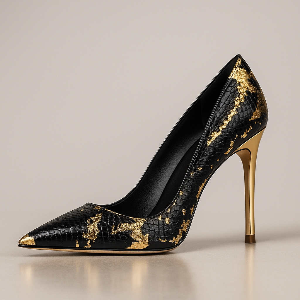 Women’s Textured Python-Effect Court Heels | Pointed Toe & Sculpted Gold Stiletto