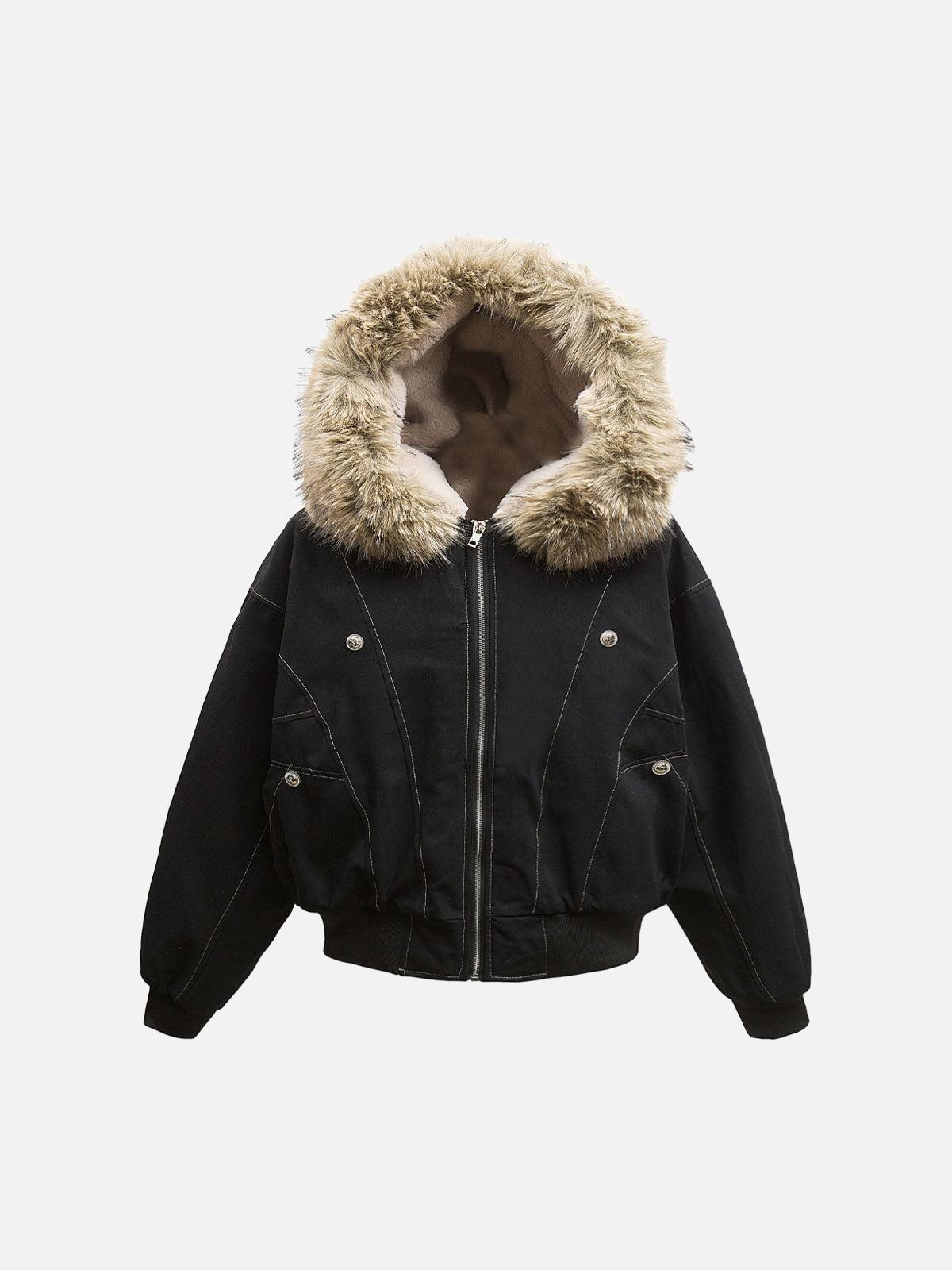 Brown women's hooded bomber jacket with fur-like trim, zip front and snap pockets