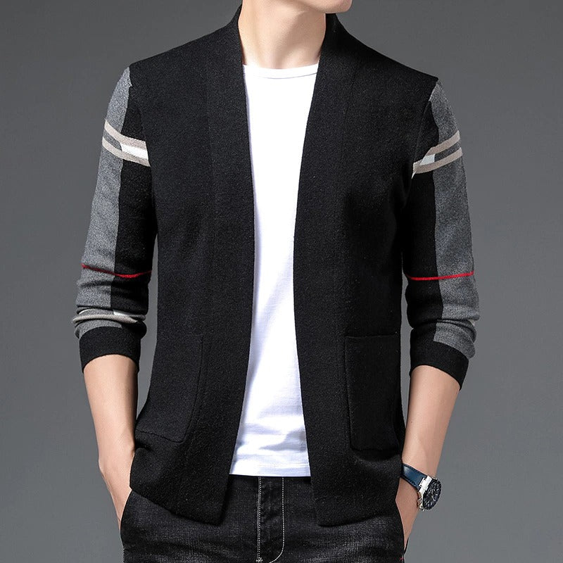 Men's open-front cardigan with striped contrast sleeves and front patch pockets