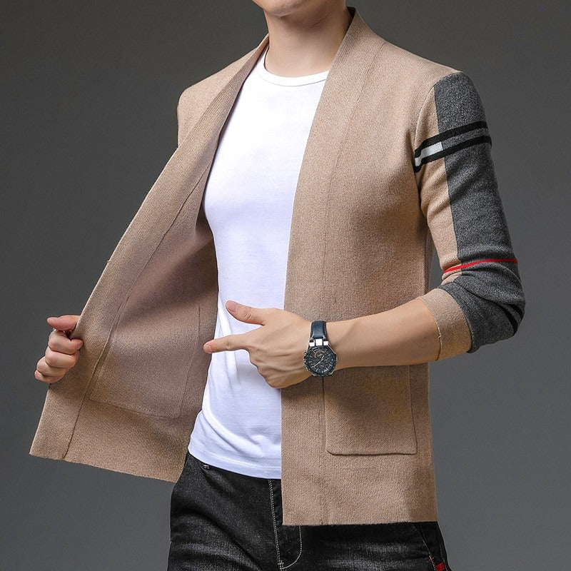 Men's open-front cardigan with striped contrast sleeves and front patch pockets