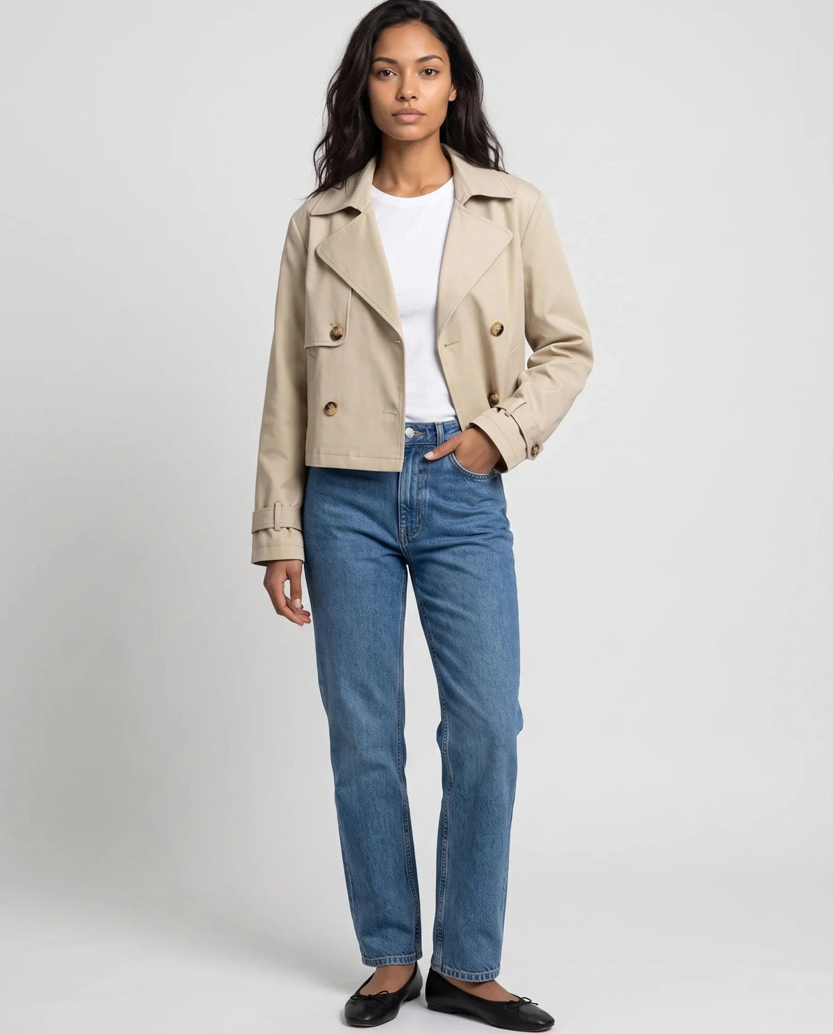 Women's beige cropped double-breasted trench jacket with long sleeves and cuff straps