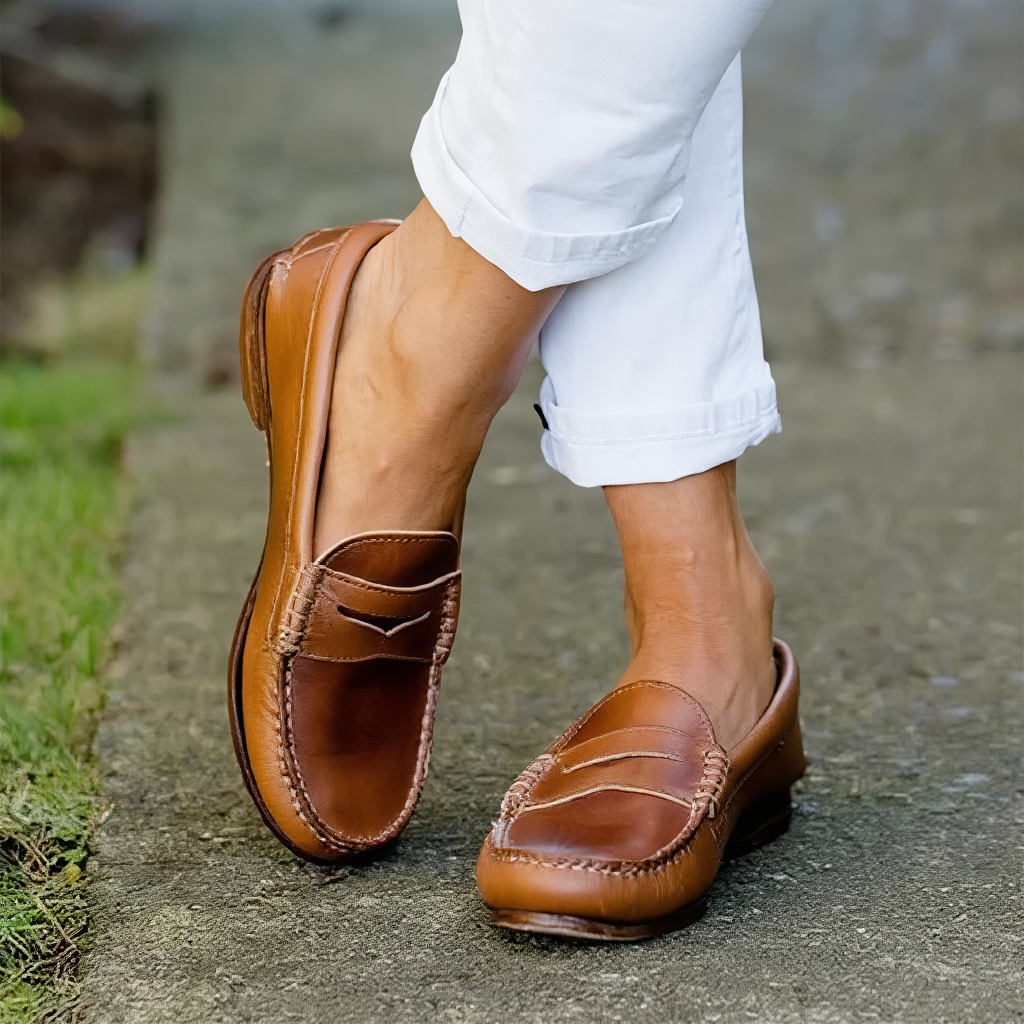 Women's penny loafers with moc-toe stitching and low heels