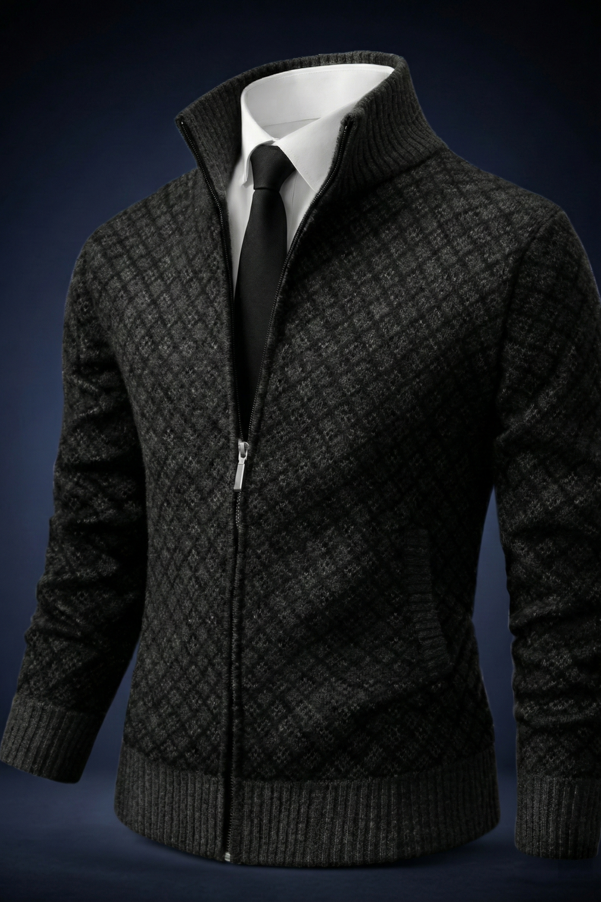 Men's geometric textured cardigan with mock neck, full zip and ribbed trims