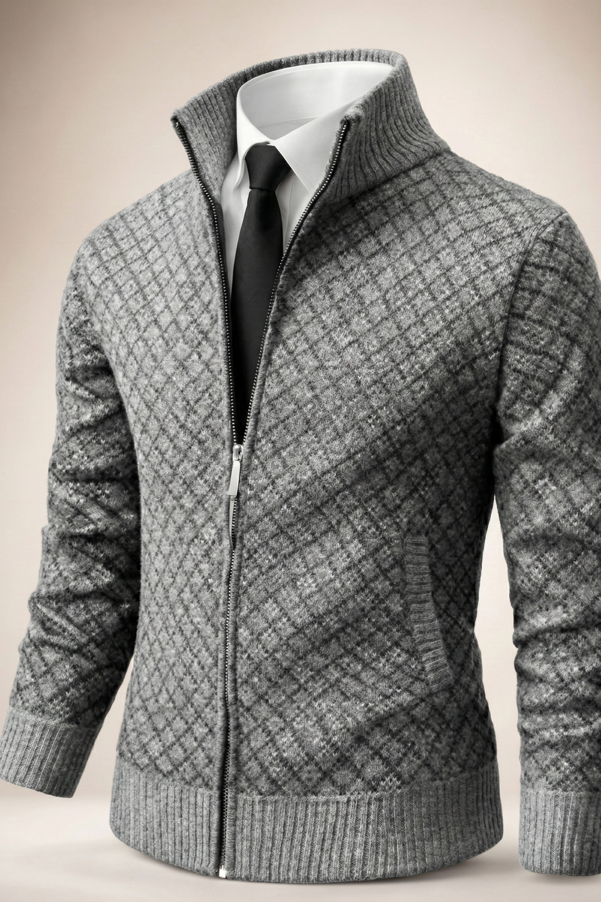 Men's geometric textured cardigan with mock neck, full zip and ribbed trims