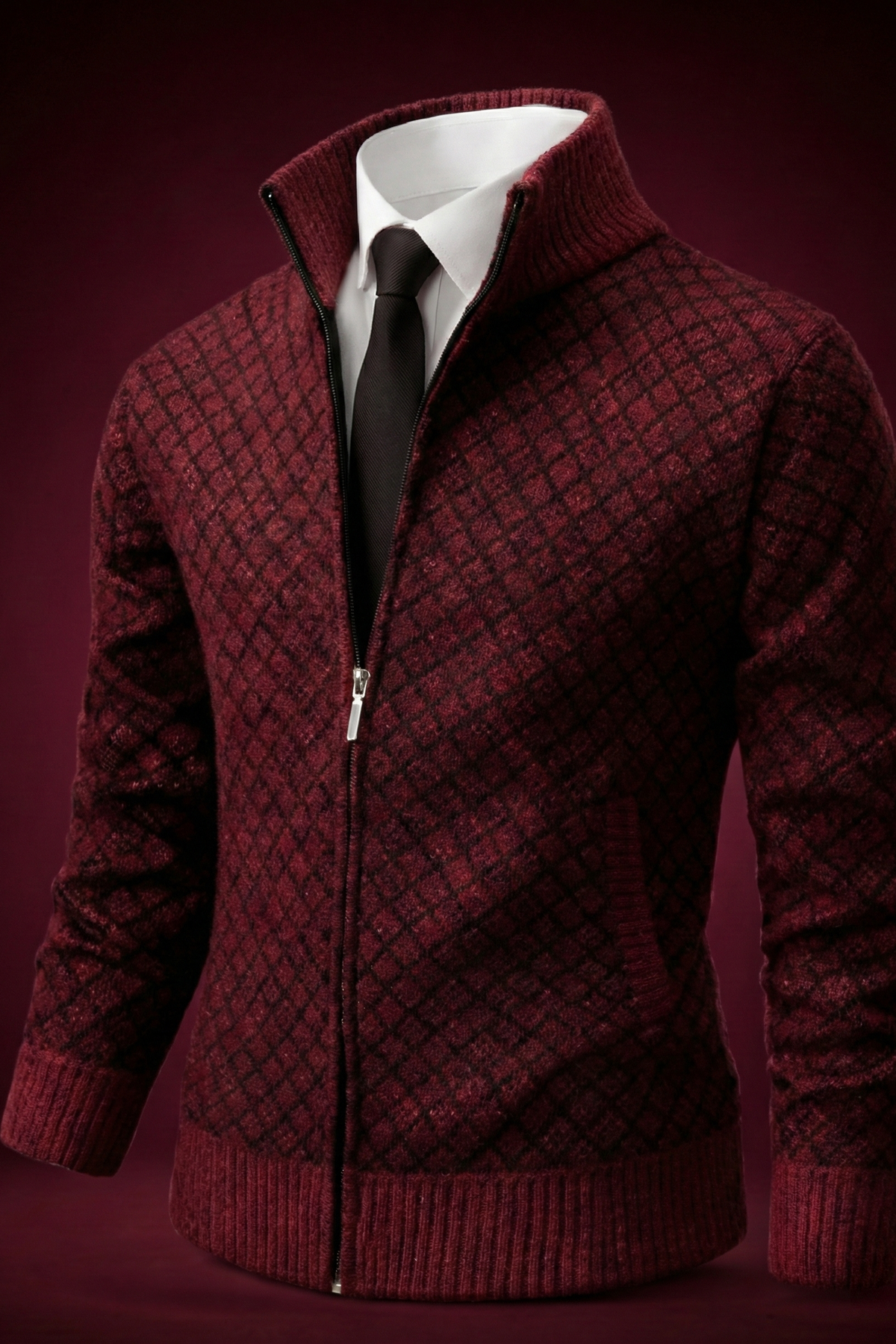 Men's geometric textured cardigan with mock neck, full zip and ribbed trims