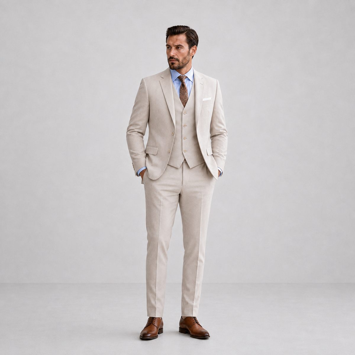 Men's three-piece suit with notch lapel jacket, waistcoat and matching trousers