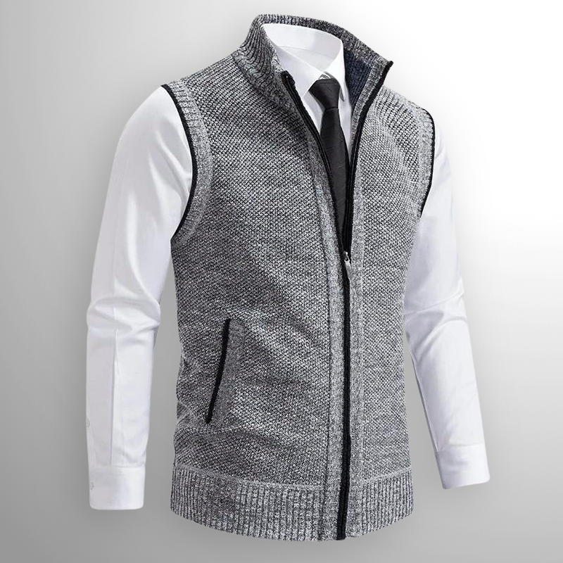 Men's sleeveless textured full-zip sweater vest with stand collar and front pockets