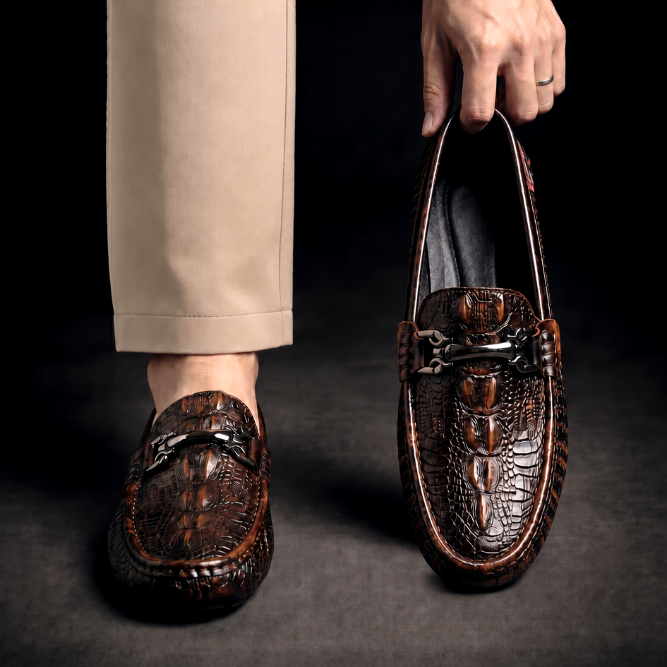 Croc embossed loafers with metal horsebit detail and round toes