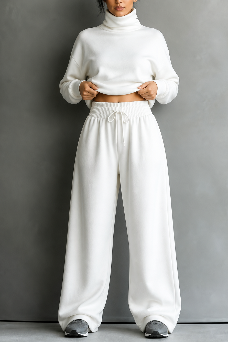 Women's turtleneck top and wide-leg trousers set with drawstring waist