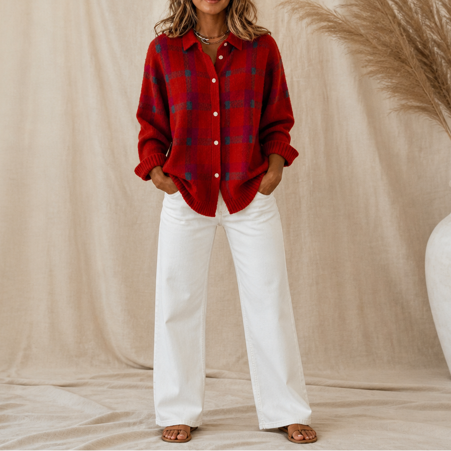 Women's plaid knit cardigan with shirt collar, long sleeves and button front