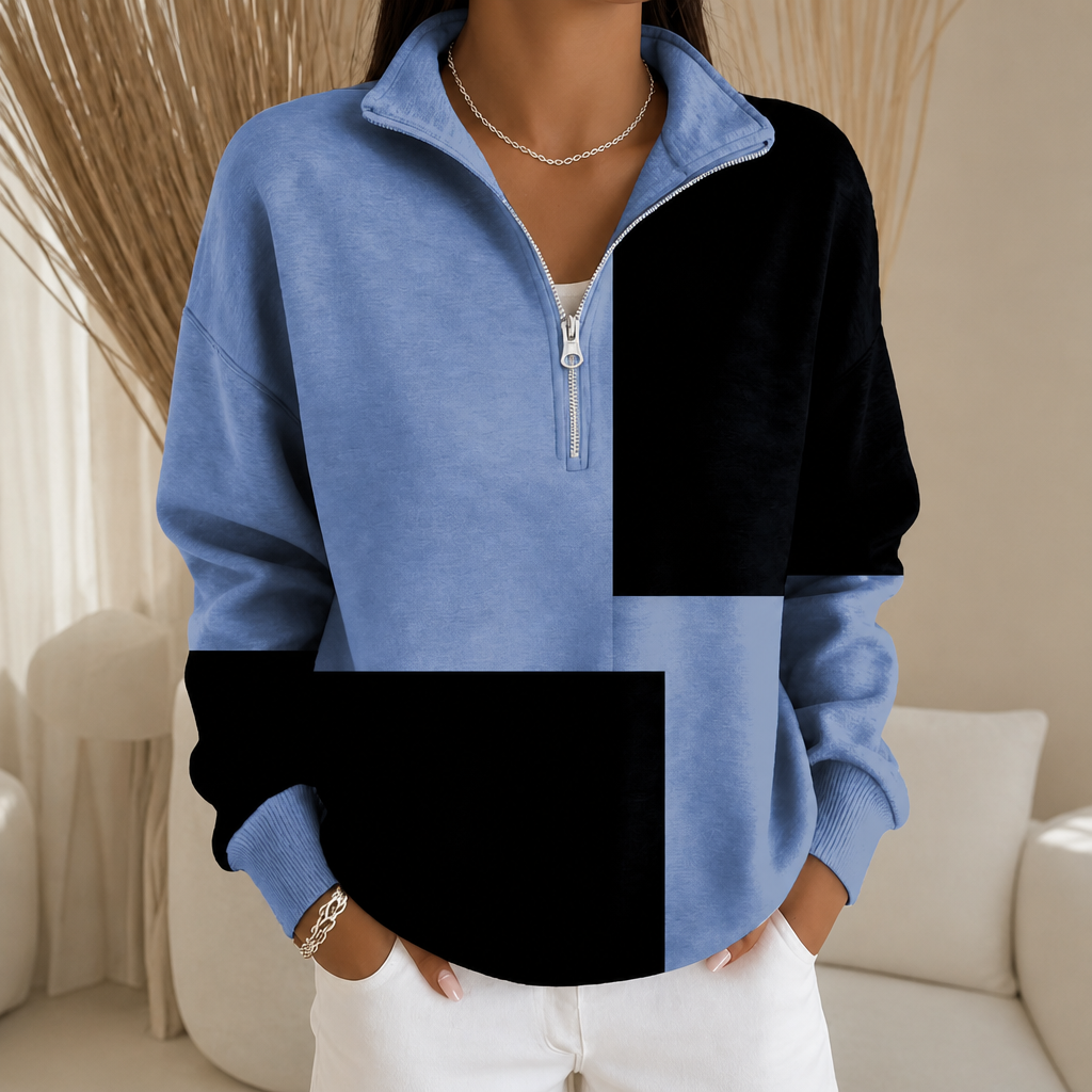 Women's blue and black colourblock half-zip sweatshirt with stand collar