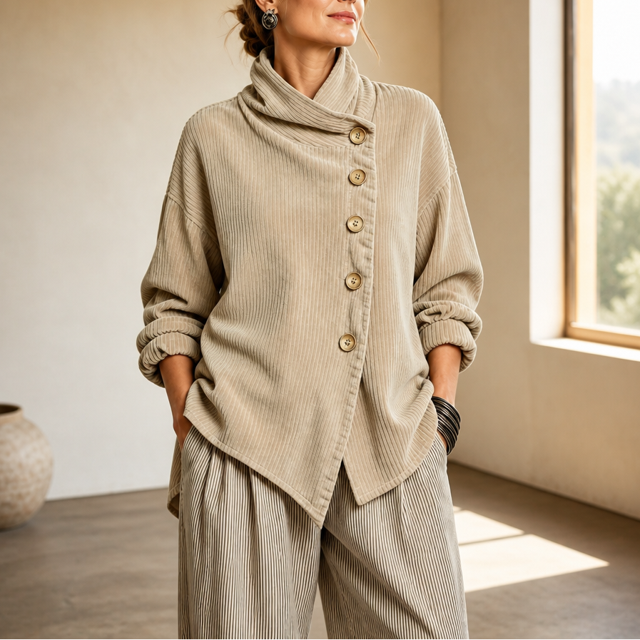 Women's corduroy top with funnel collar, front buttons and asymmetric hem