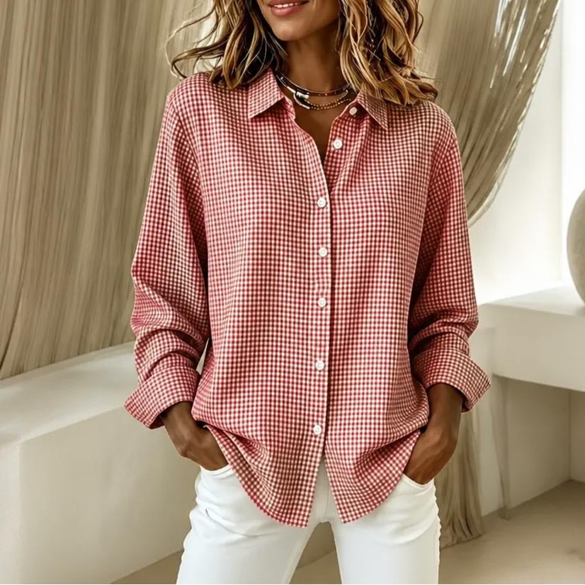 Women's checked button-down shirt with pointed collar and long sleeves