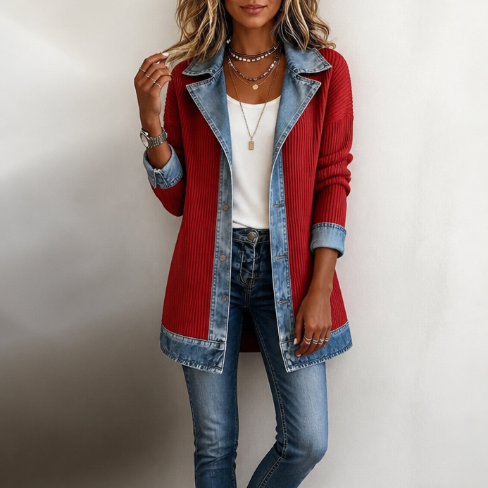 Women's longline ribbed knit coat with contrasting denim panels