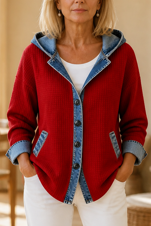 Women's hooded patchwork cardigan with denim-look trim and button front