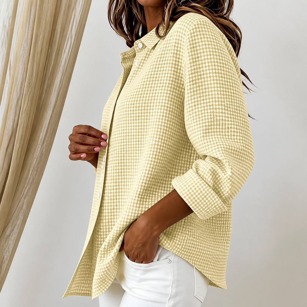 Women's checked button-down shirt with pointed collar and long sleeves