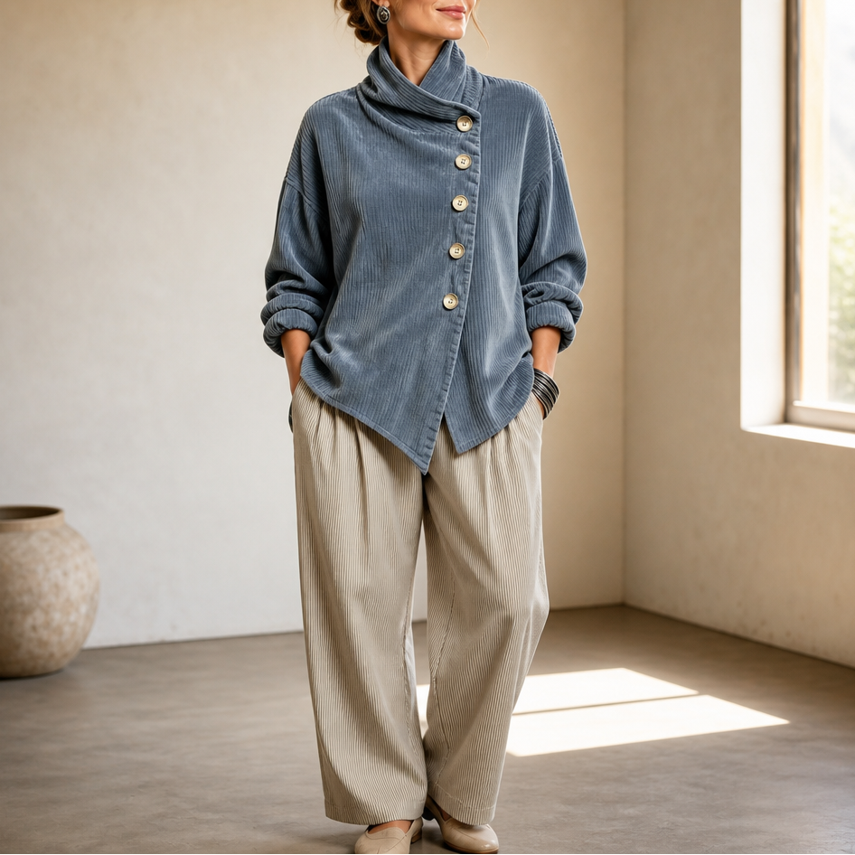 Women's corduroy top with funnel collar, front buttons and asymmetric hem