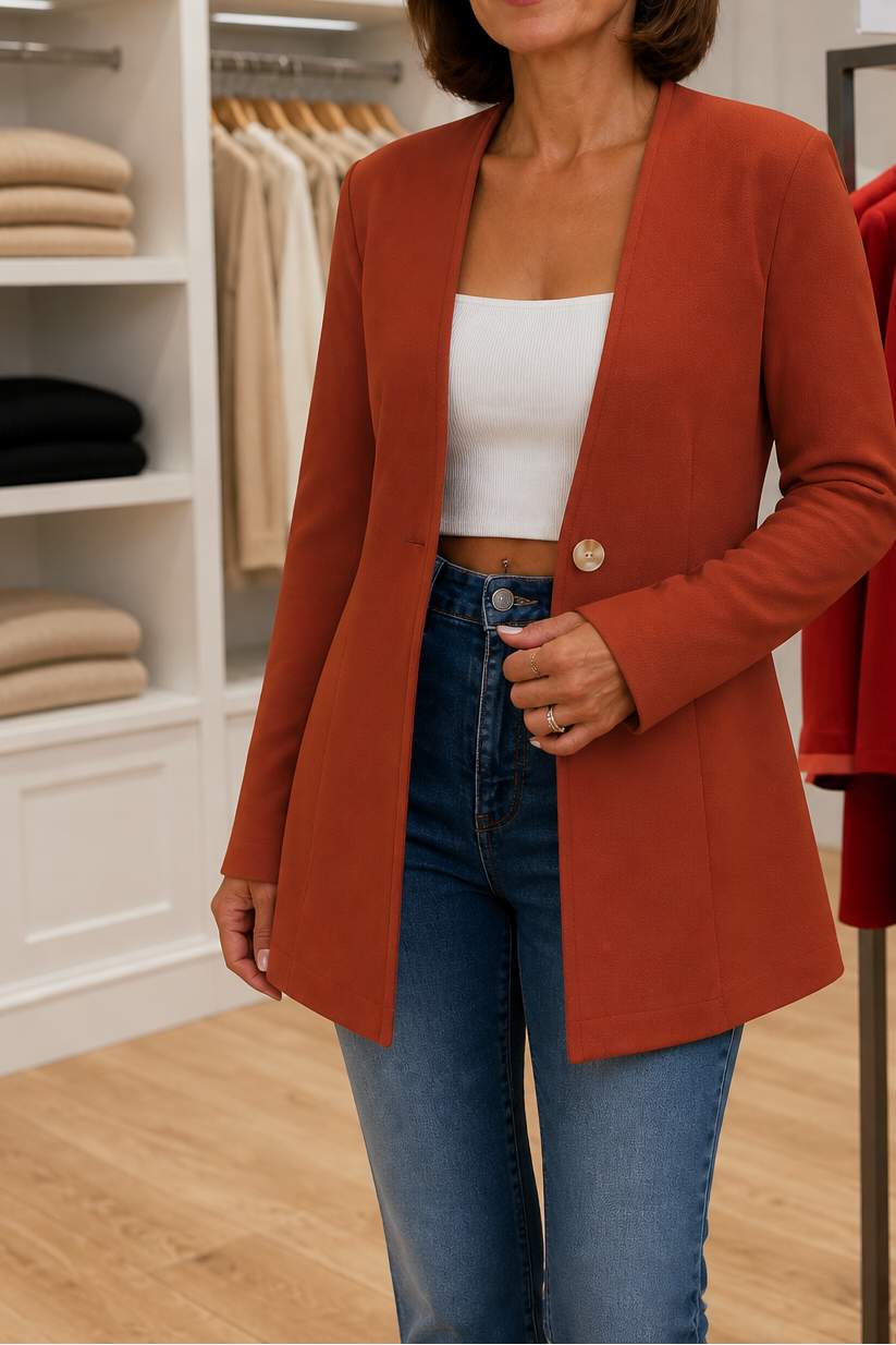 Women's longline A-line blazer with V-neckline and single-button fastening