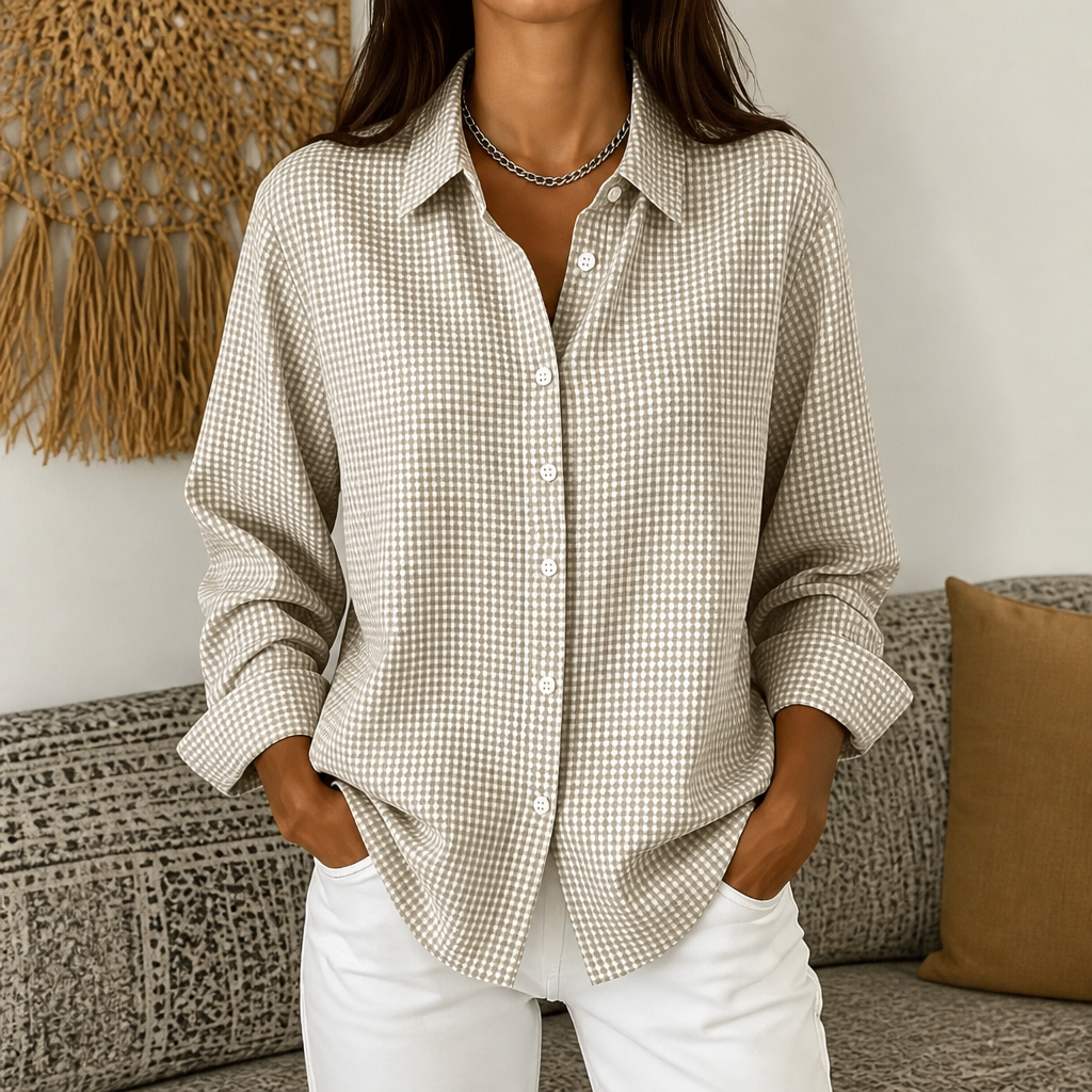 Women's checked button-down shirt with pointed collar and long sleeves