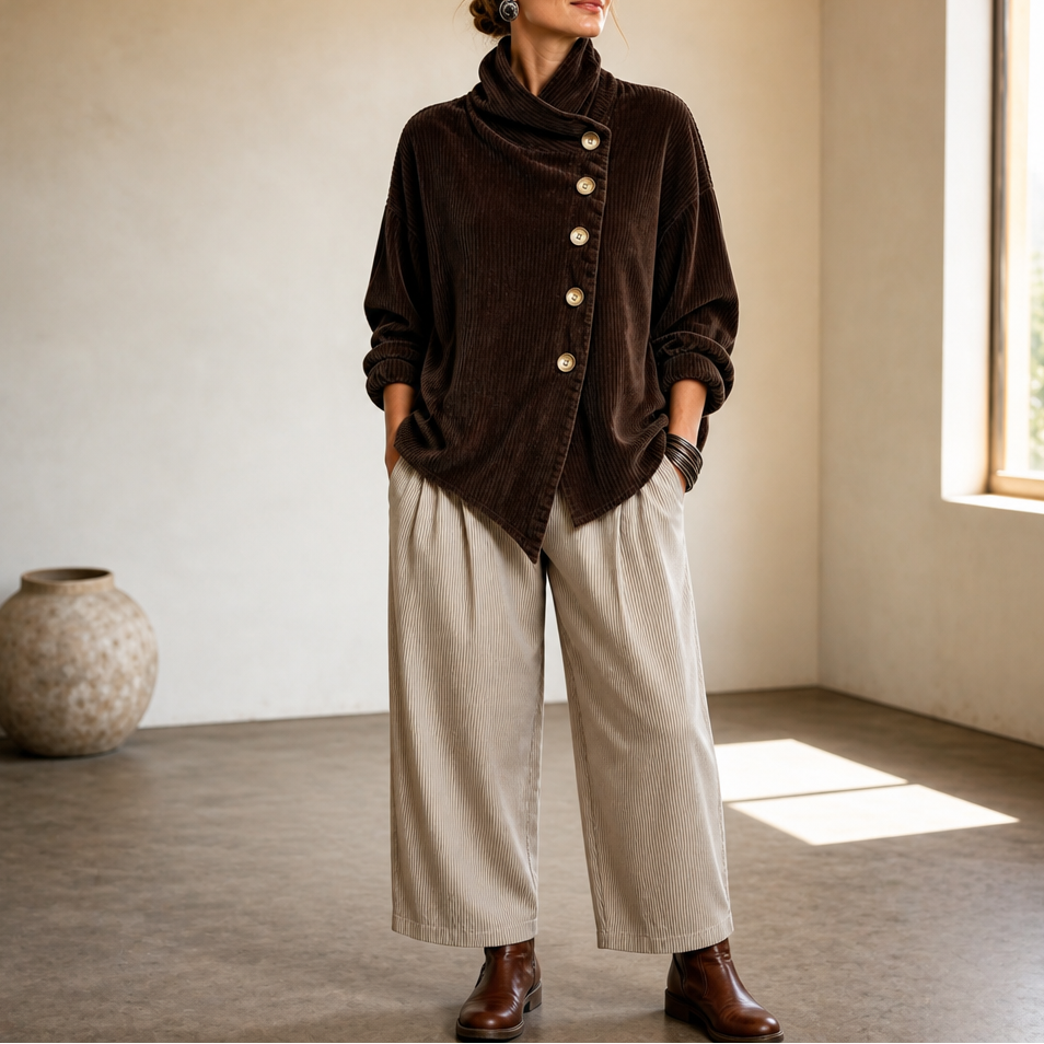 Women's corduroy top with funnel collar, front buttons and asymmetric hem
