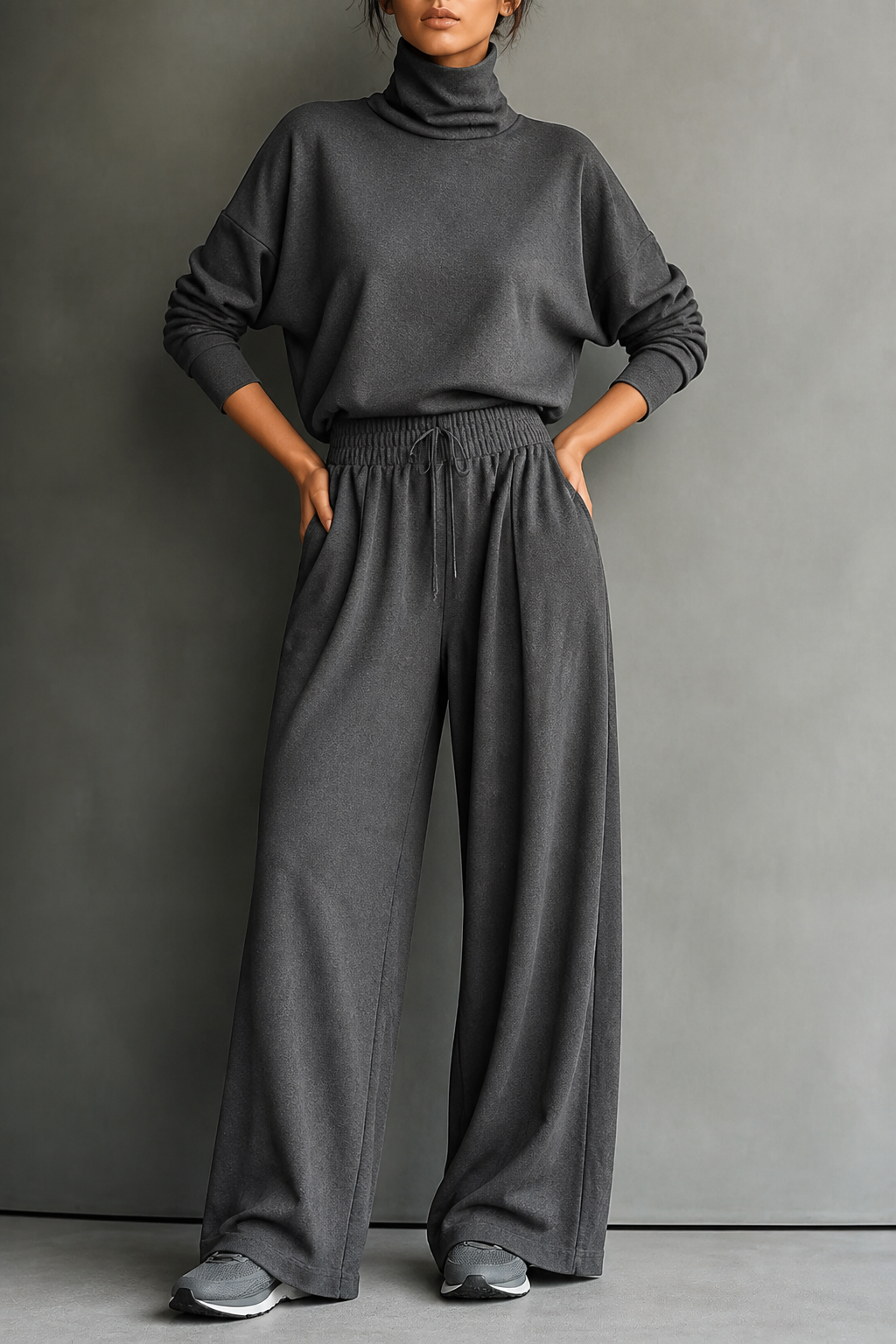 Women's turtleneck top and wide-leg trousers set with drawstring waist