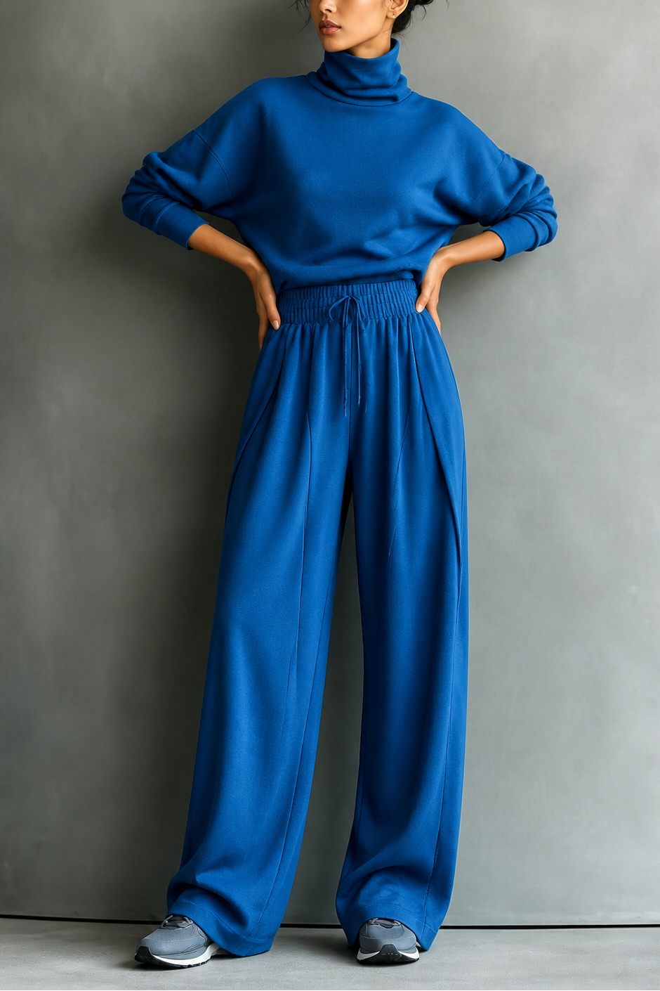 Women's turtleneck top and wide-leg trousers set with drawstring waist