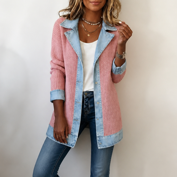 Women's longline ribbed knit coat with contrasting denim panels