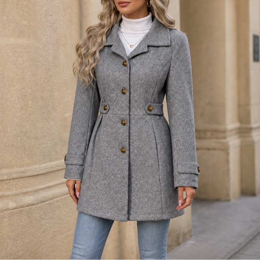 Women's tailored belted trench coat with lapels, buttons and long sleeves