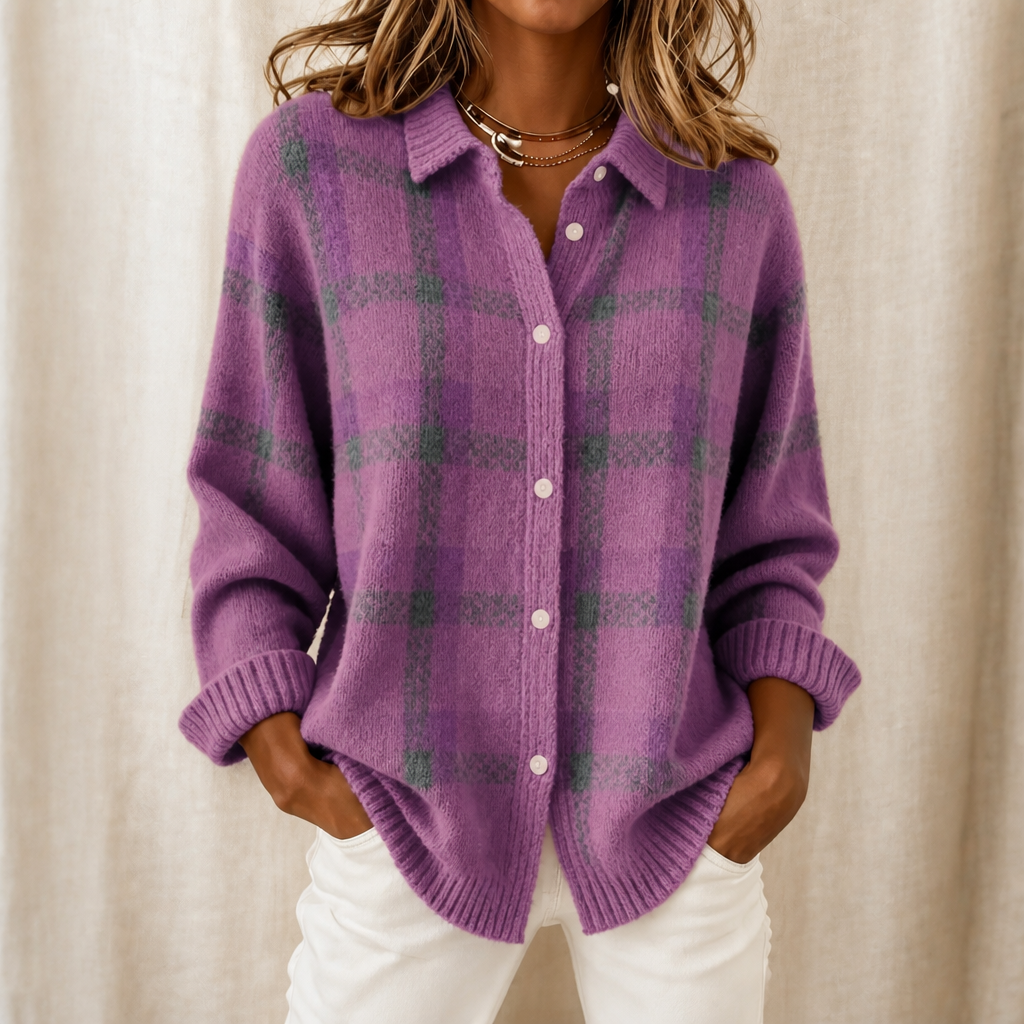 Women's plaid knit cardigan with shirt collar, long sleeves and button front