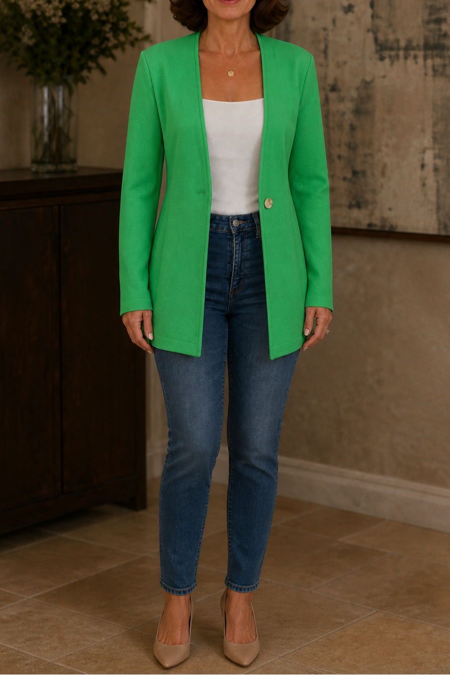 Women's longline A-line blazer with V-neckline and single-button fastening