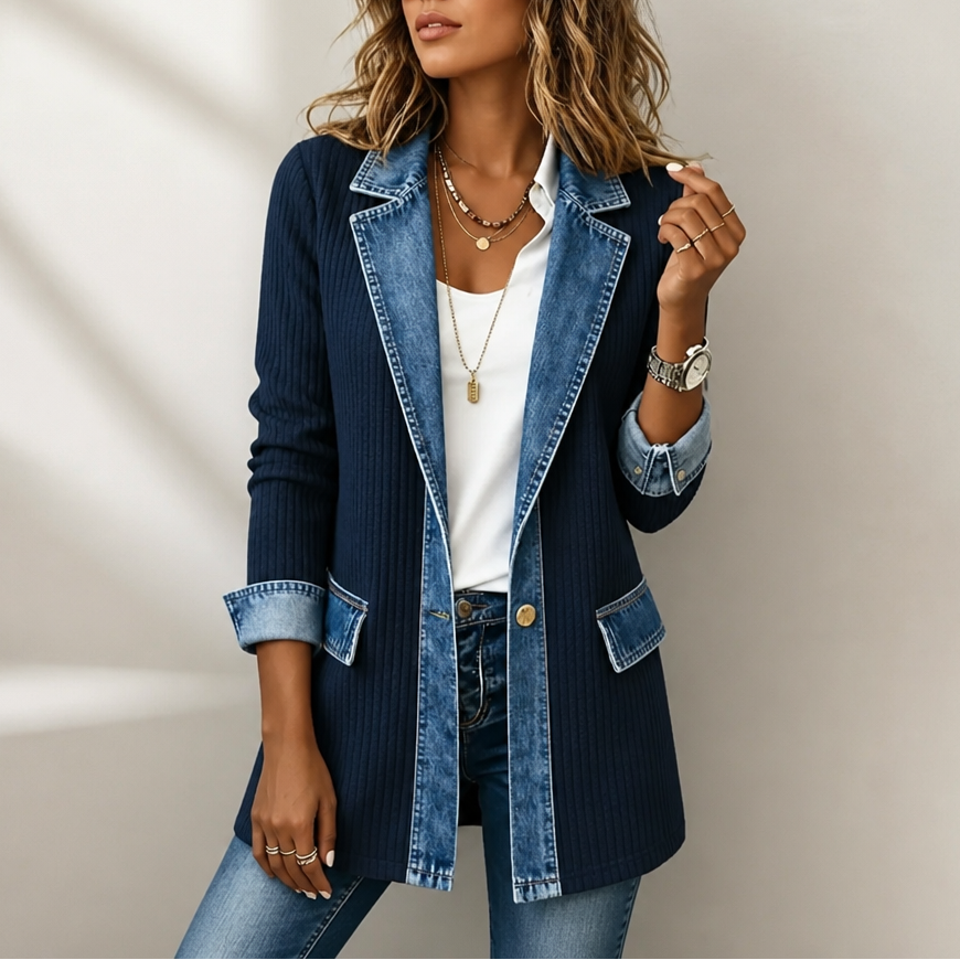 Women's longline ribbed knit coat with contrasting denim panels
